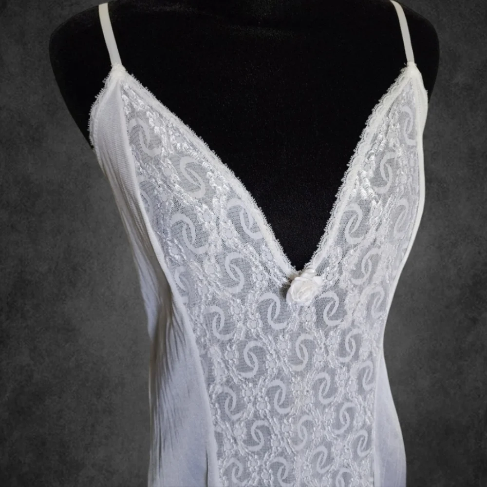 Vintage-Inspired White Lace Inset Maxi Nightgown – Romantic & Bridal